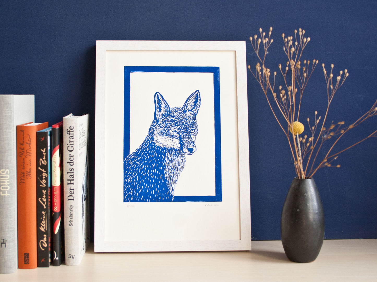 Linoldruck blauer Fuchs