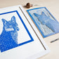 Linoldruck blauer Fuchs