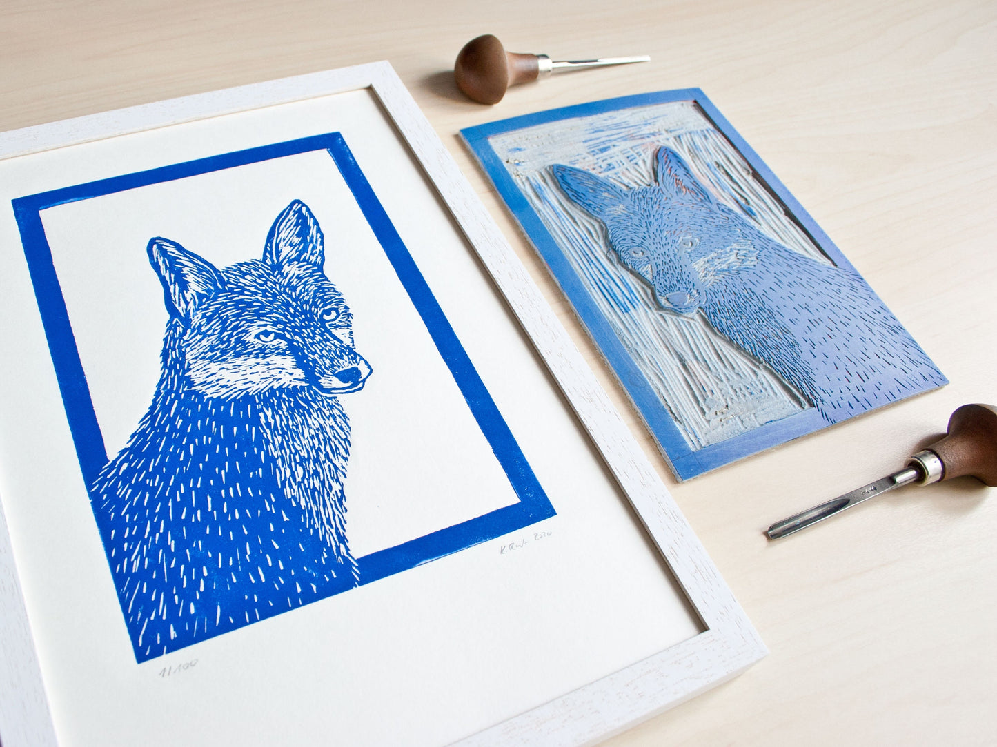 Linoldruck blauer Fuchs