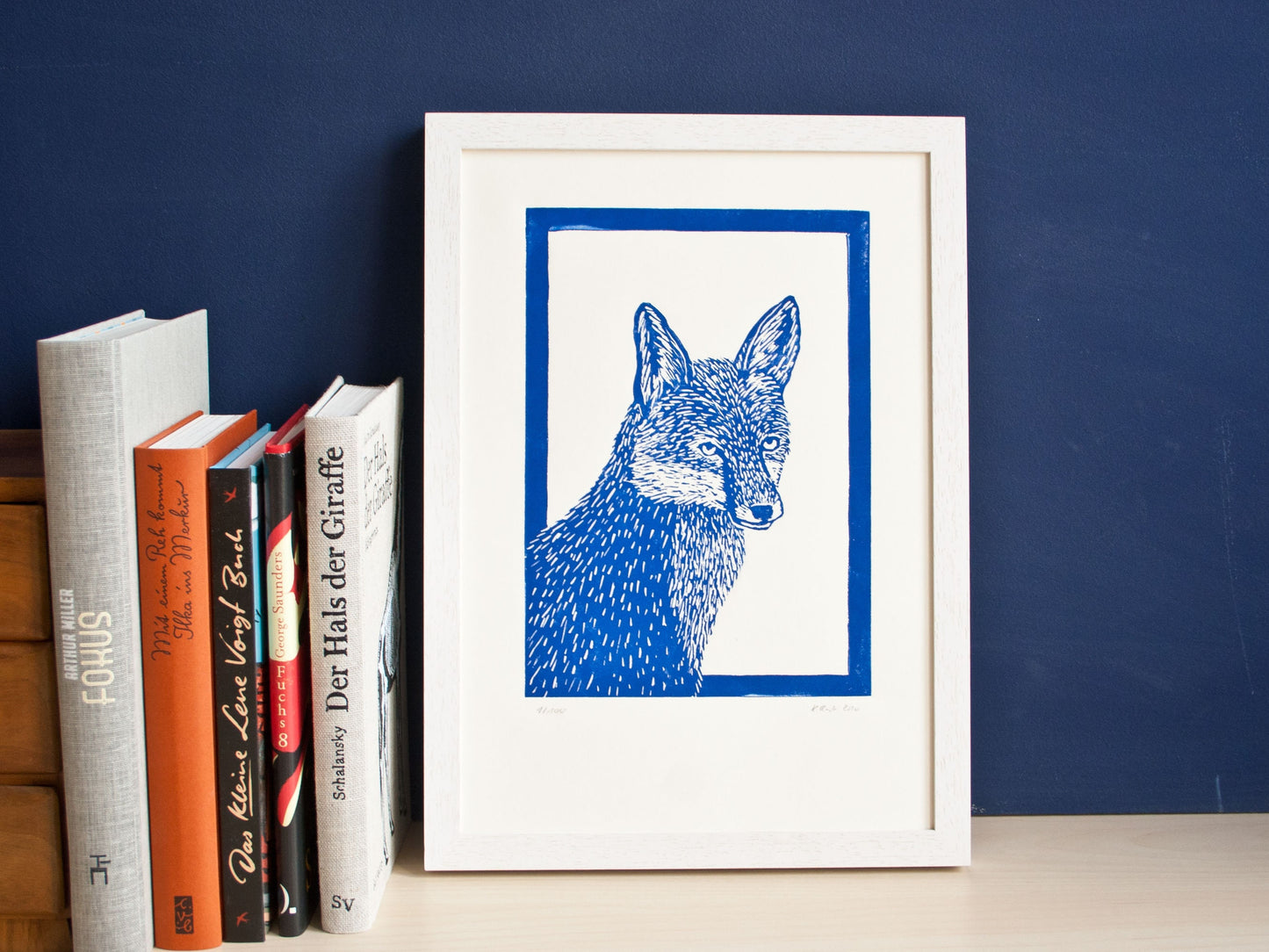 Linoldruck blauer Fuchs