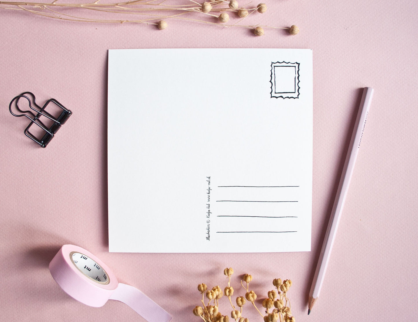 Quadratische Postkarte Katze mit Vase Rückseite