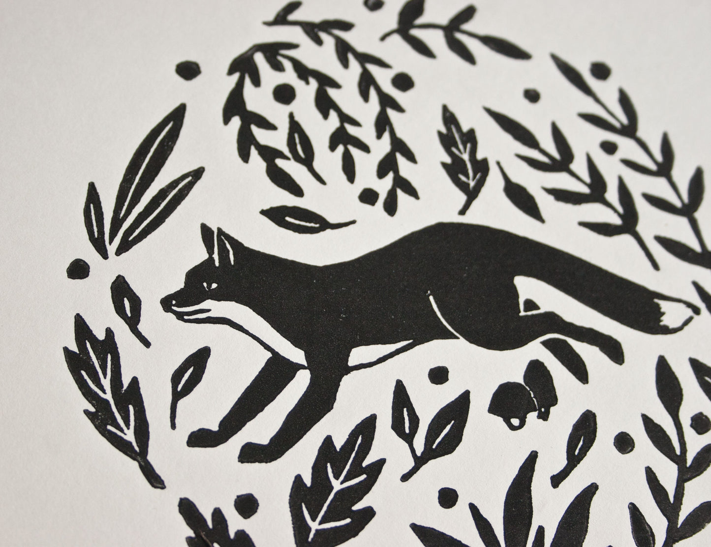 Schwarzer Linoldruck Fuchs, original Druckgrafik