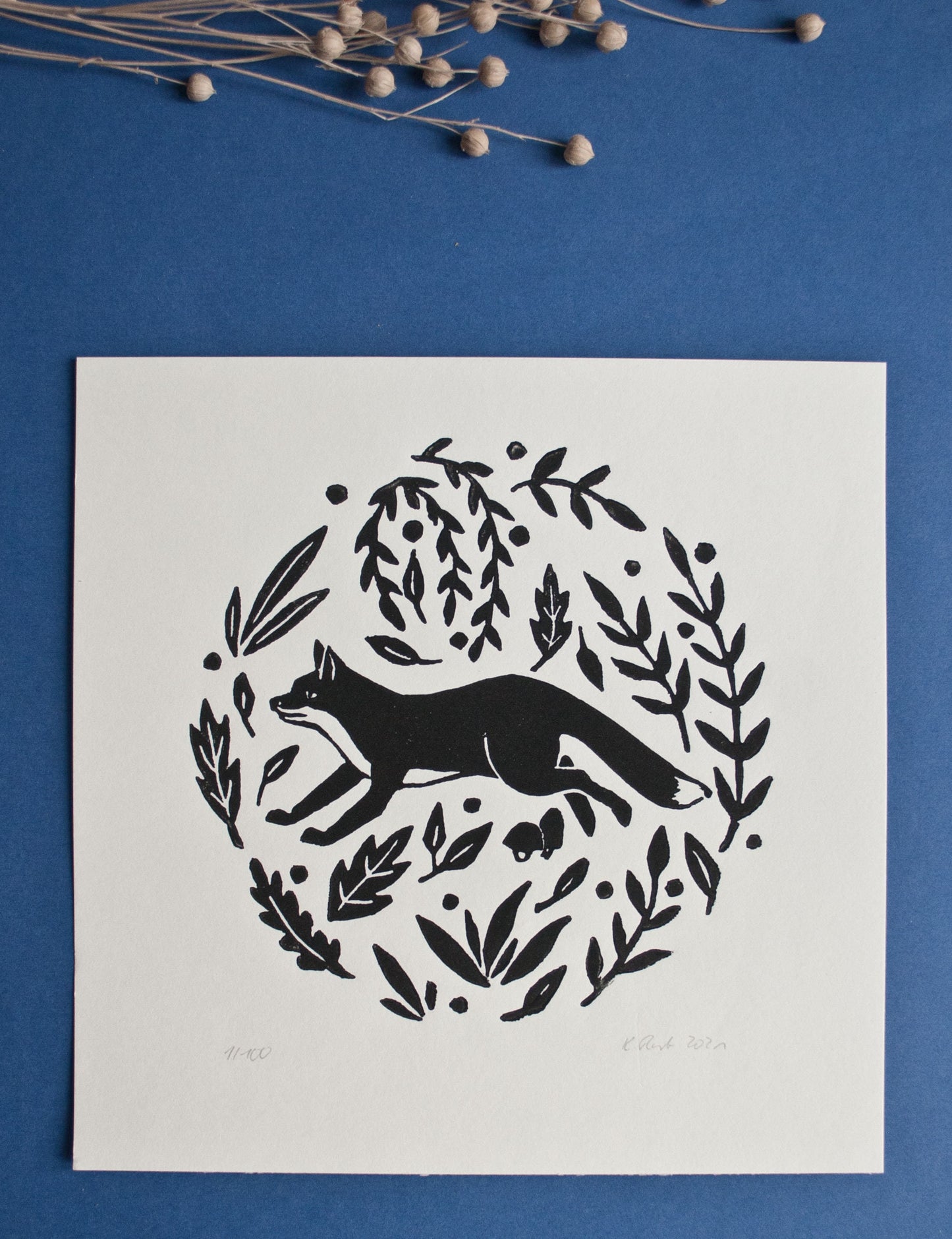 Schwarzer Linoldruck Fuchs, original Druckgrafik
