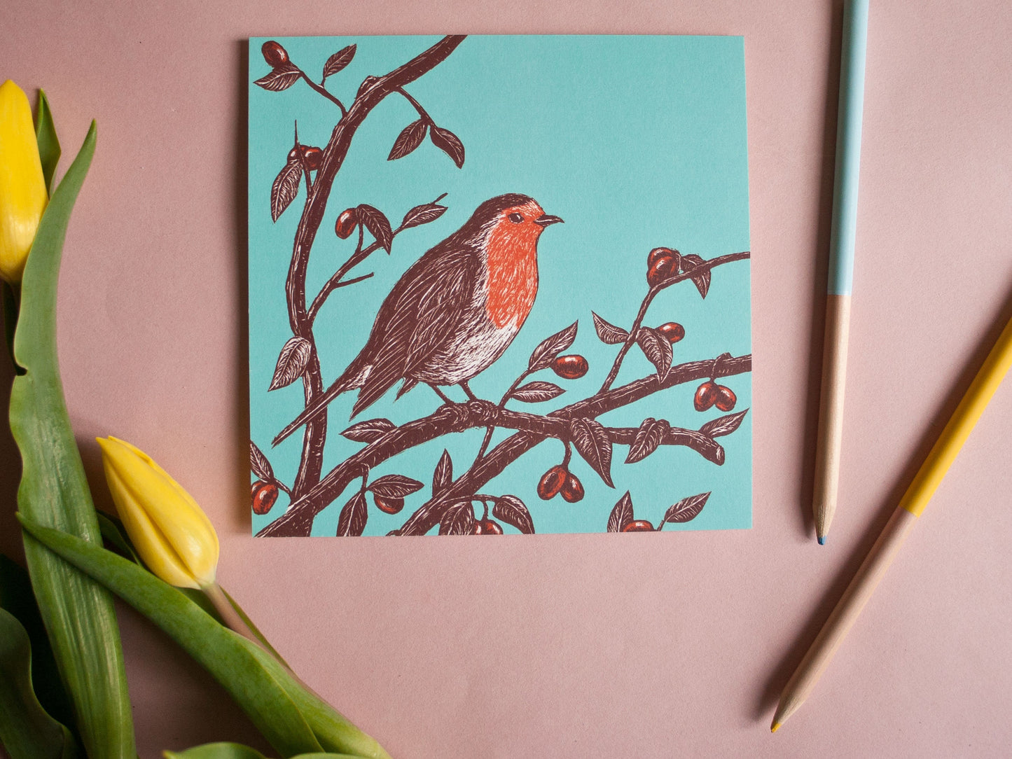 Quadratische Postkarte Rotkehlchen