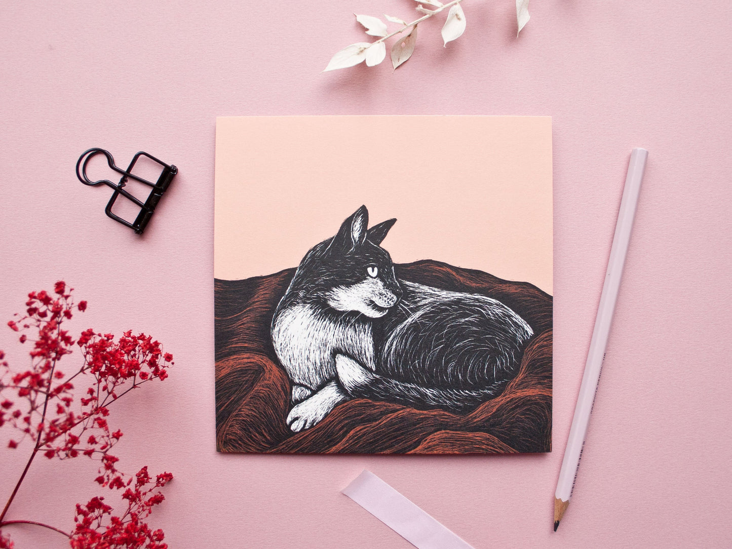 Quadratische Postkarte Katze auf Decke