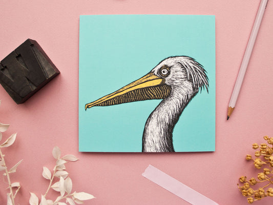 Quadratische Postkarte Pelikan
