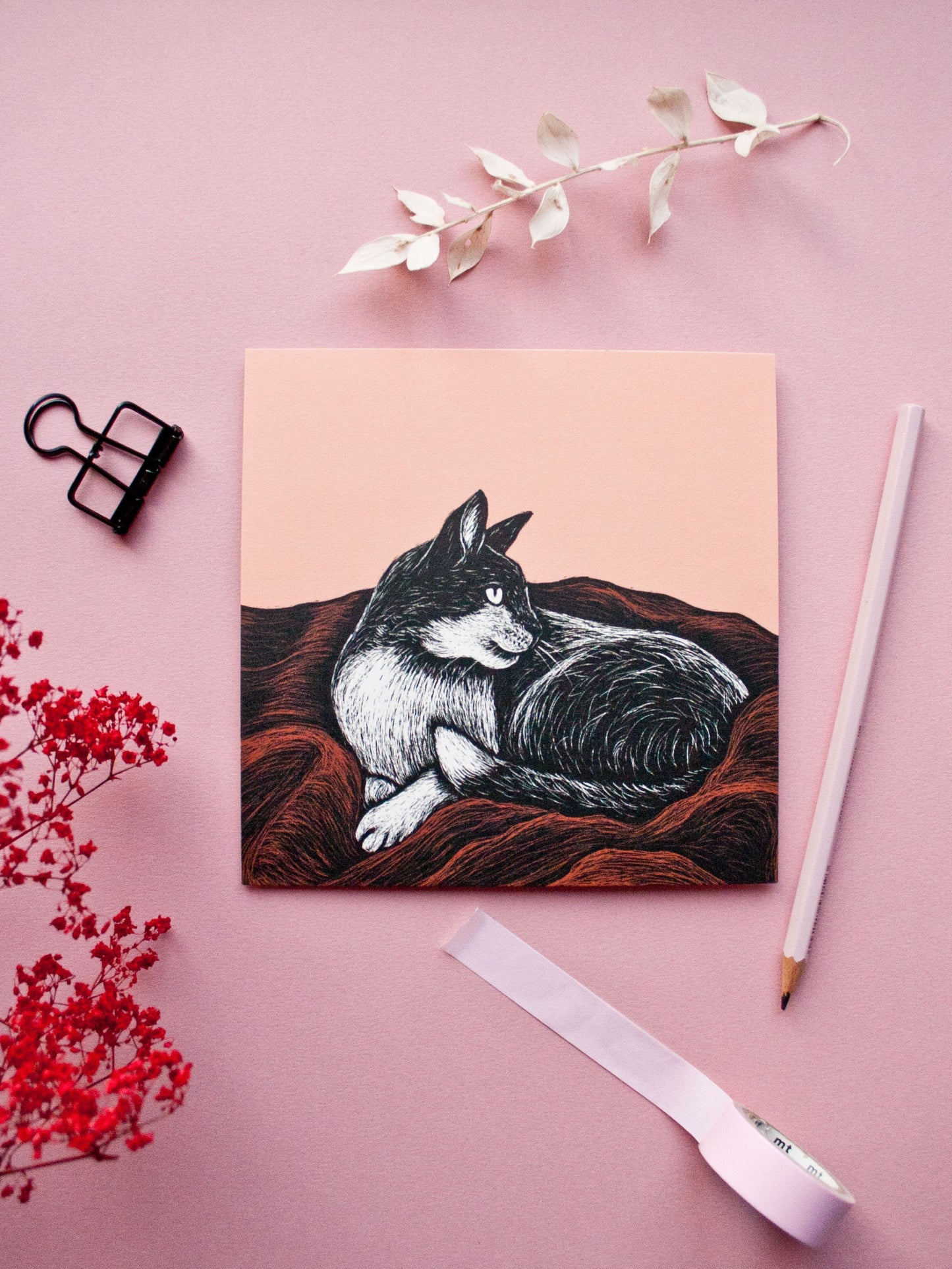 Quadratische Postkarte Katze auf Decke