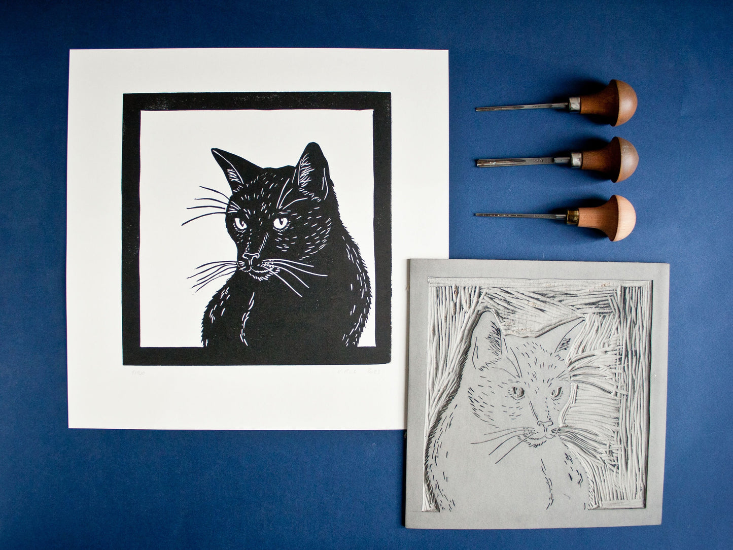 Linoldruck schwarze Katze