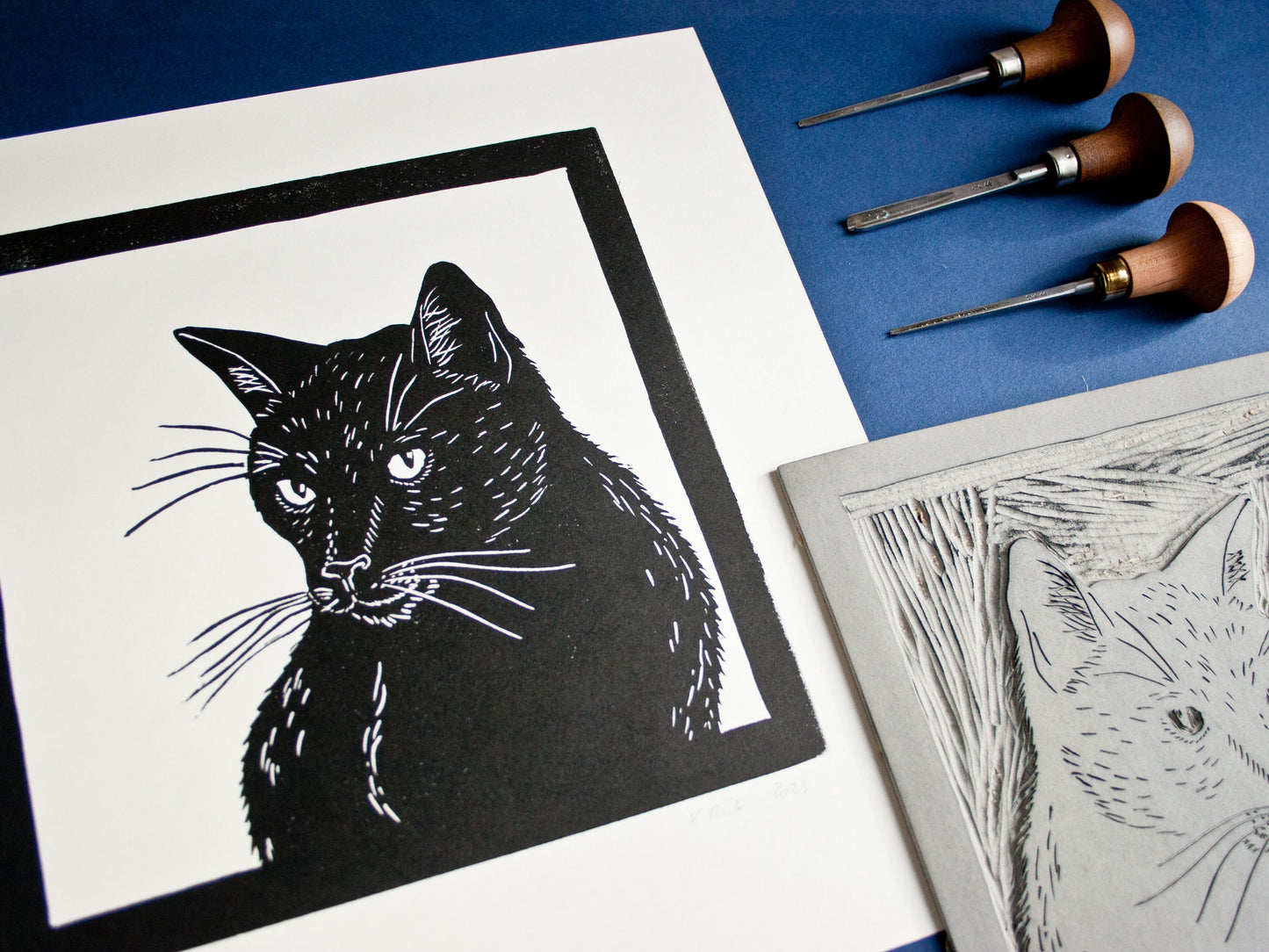 Linoldruck schwarze Katze