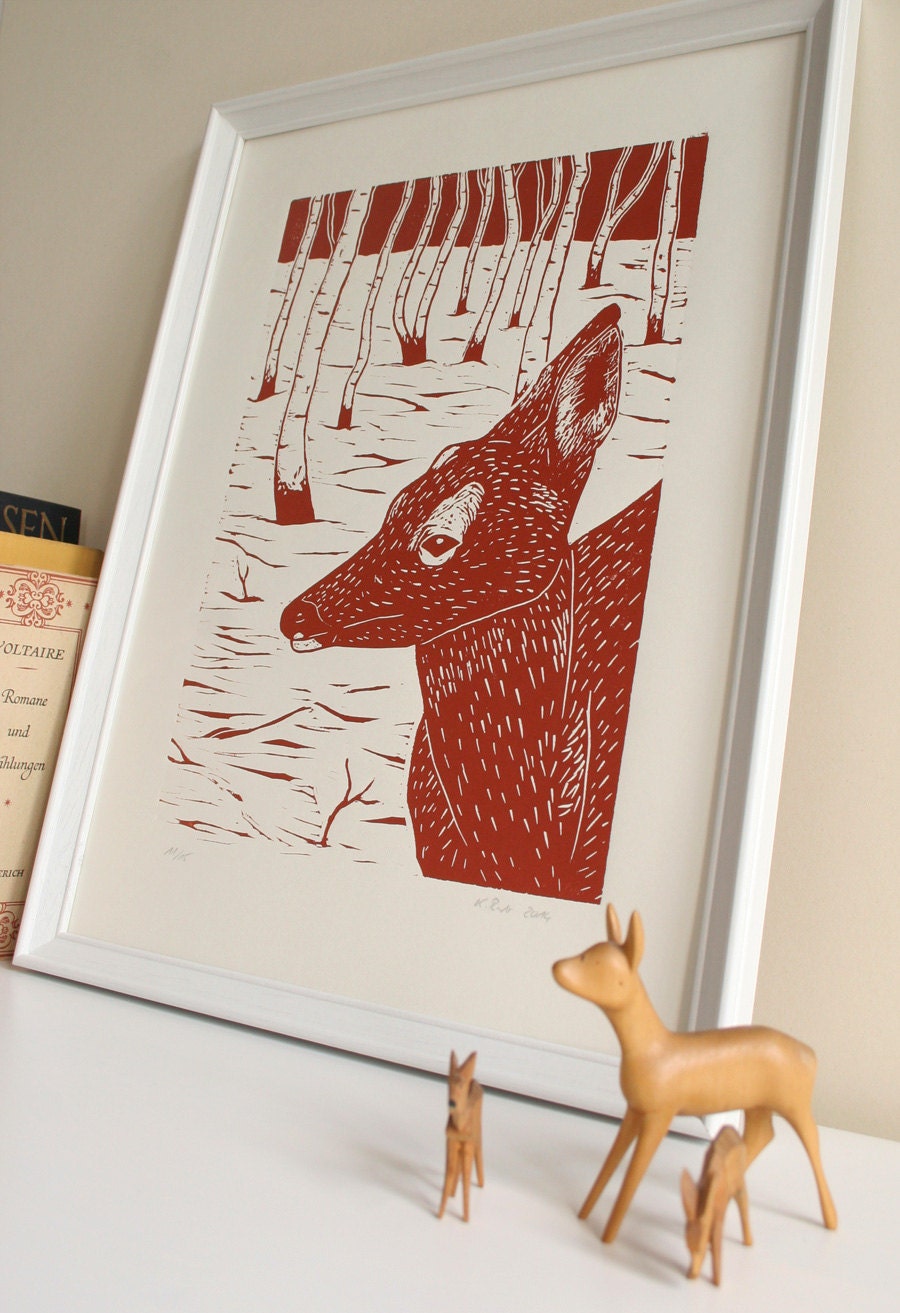 Linoldruck Reh, original Druckgrafik, Tier Illustration