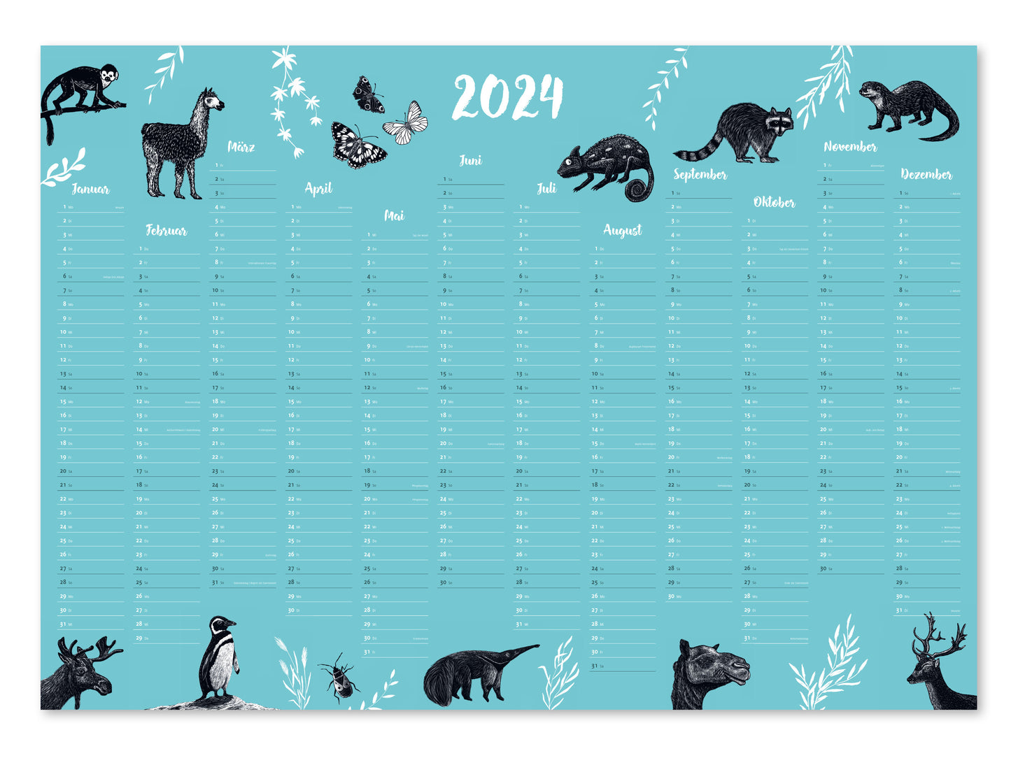 Wandkalender 2024 Tiere im A1 Format