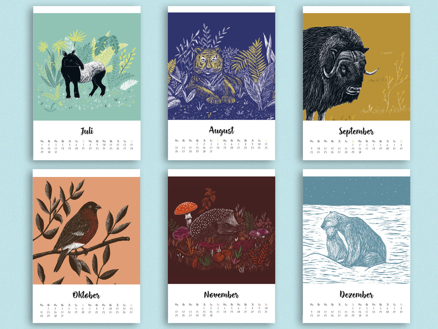 Jahreskalender 2024 Tiere im A5 Format