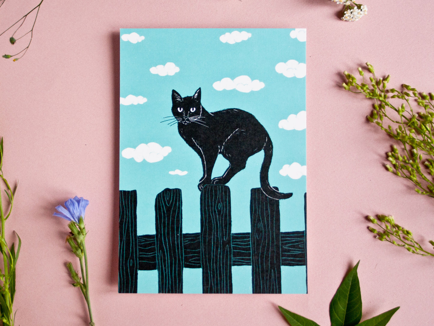 Postkarte Katze auf Zaun, A6