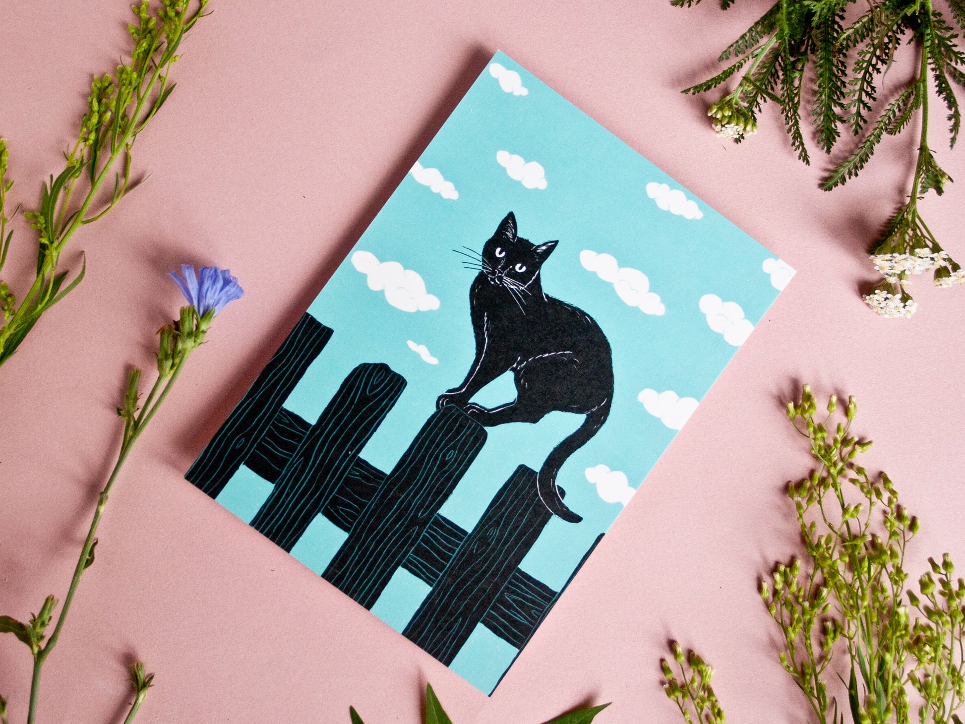 Postkarte Katze auf Zaun, A6