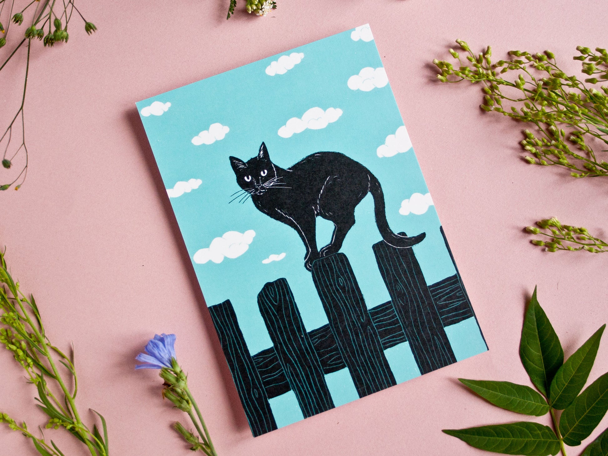 Postkarte Katze auf Zaun, A6