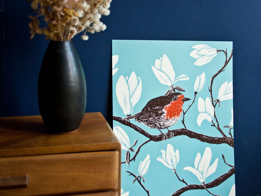 Poster Rotkehlchen & Magnolie A4