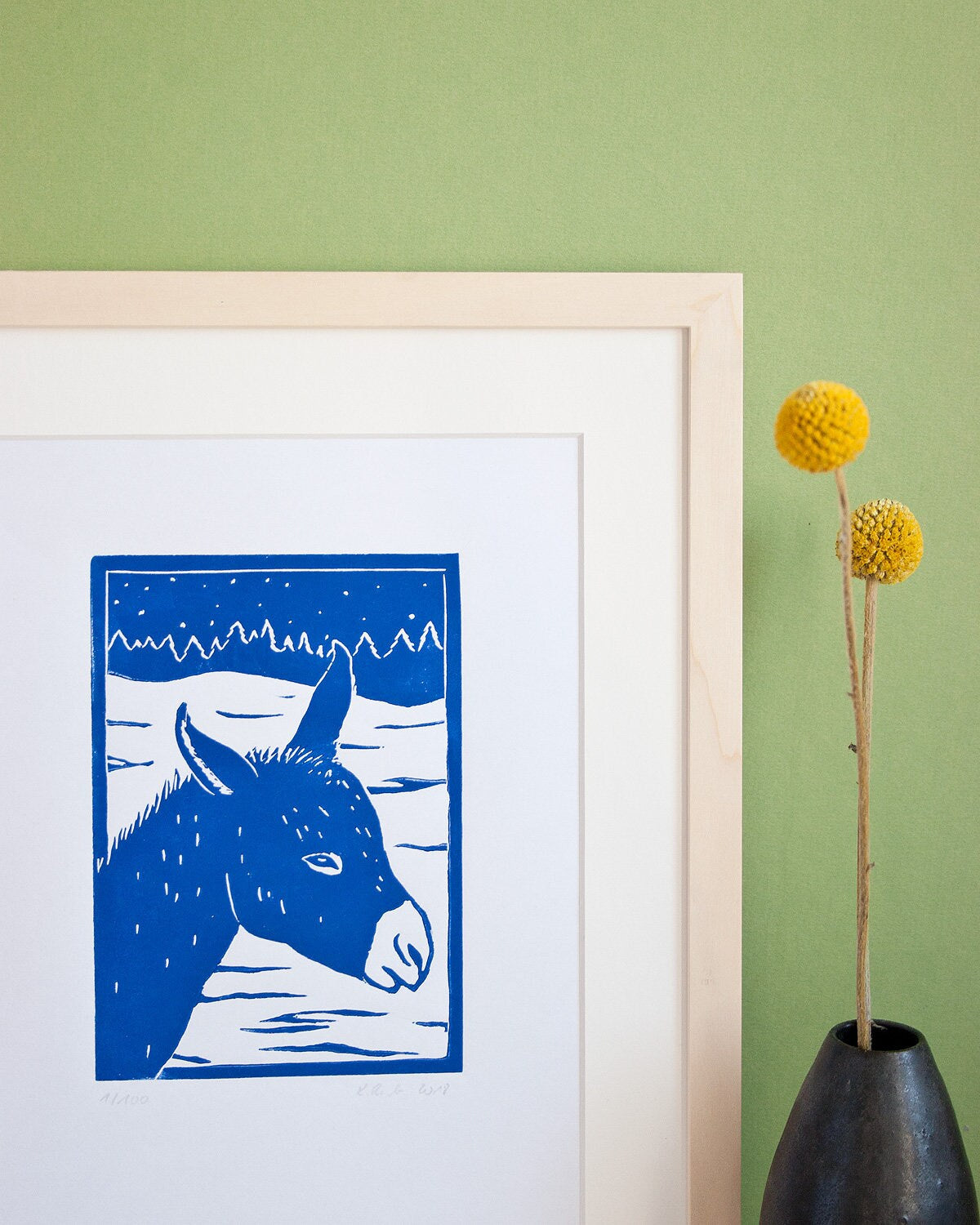 Winterlicher Esel, original Linoldruck, Druckgrafik Tier