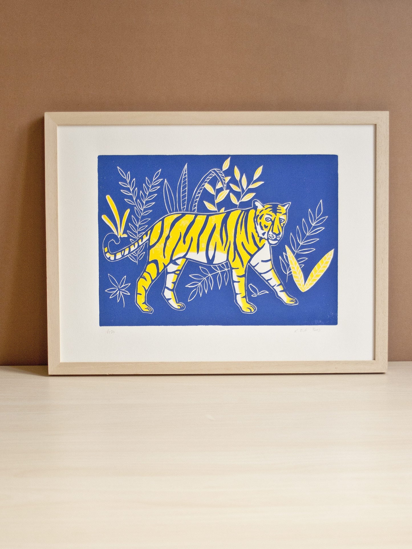 Original Druckgrafik Tiger, Linoldruck Tier