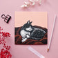 Quadratische Postkarte Katze auf Decke