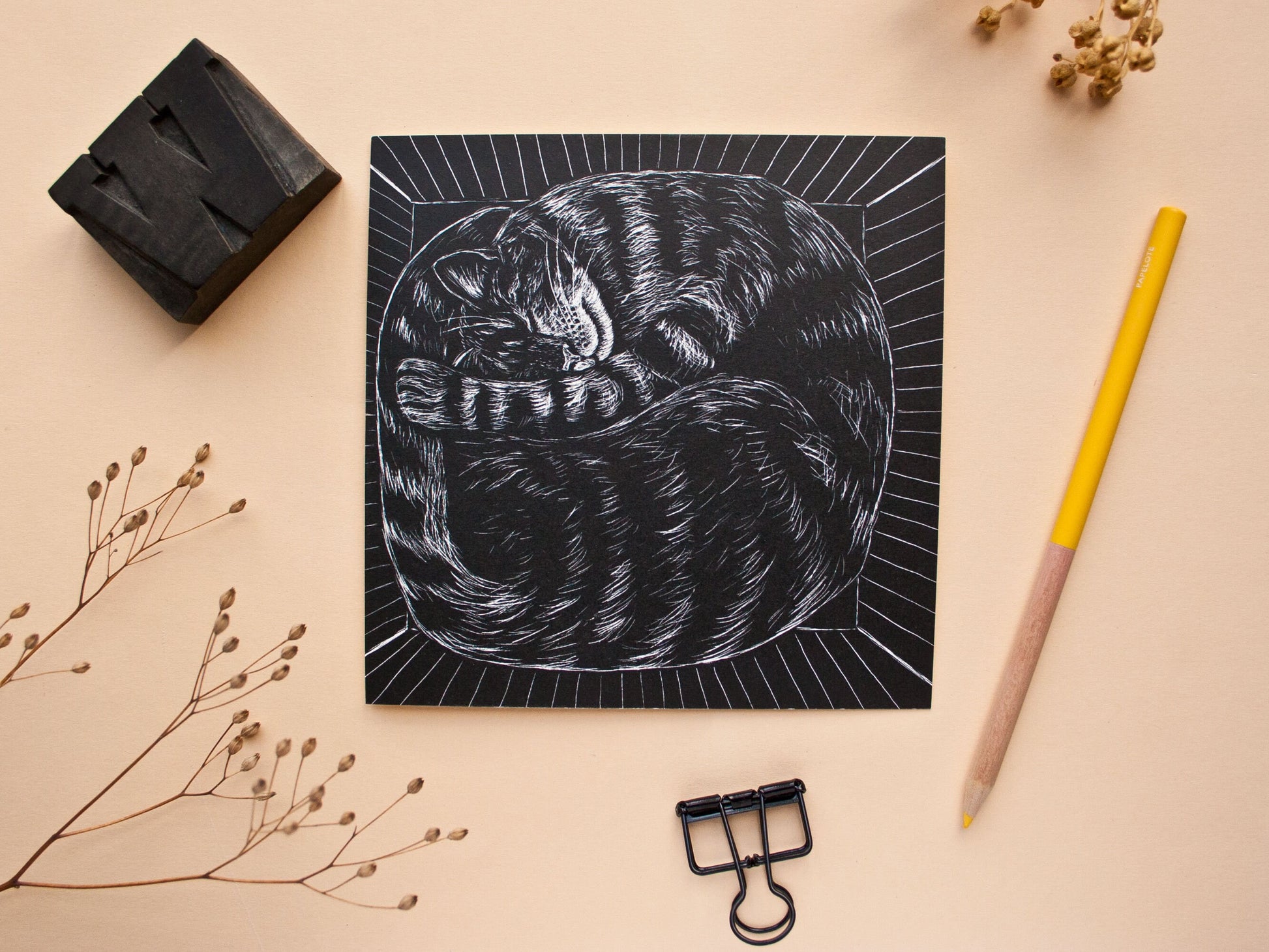 Quadratische Postkarte Eingerollte Katze
